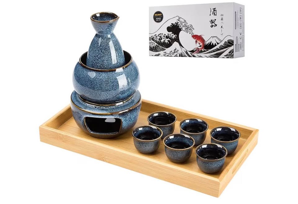 DUJUST blue-speckled ceramic sake set with warmer, cups and bamboo tray