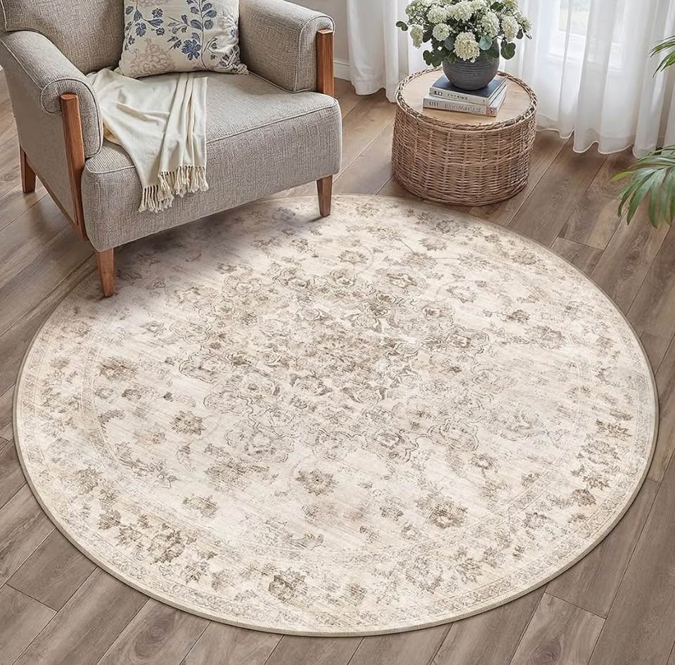 Washable Round Distressed Floral Area Rug – 4 ft