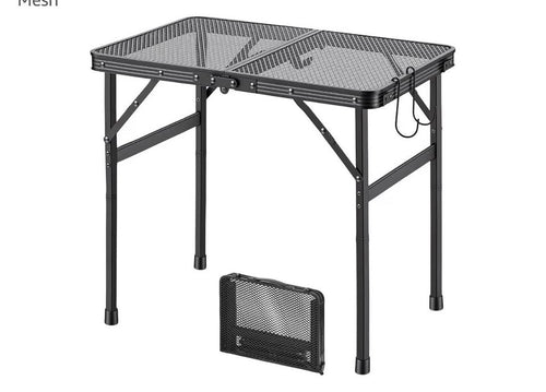 Adjustable-height folding black mesh camping table