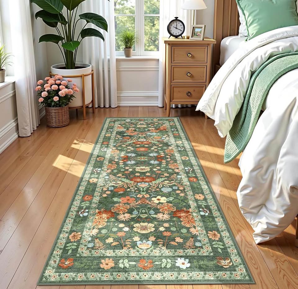 Green Floral Runner Rug – 2 × 6 ft