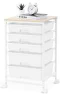 White four-drawer rolling storage cart with wood-grain top
