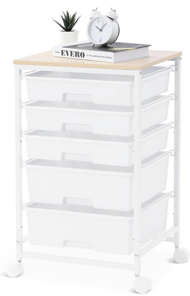 White four-drawer rolling storage cart with wood-grain top